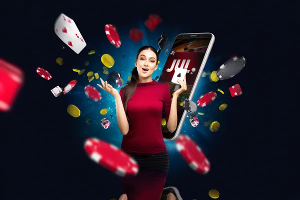 Uma jovem relaxando com o celular enquanto elementos dinâmicos de cassino flutuam ao seu redor, ilustrando a experiência móvel fluida oferecida pelo app AF77.